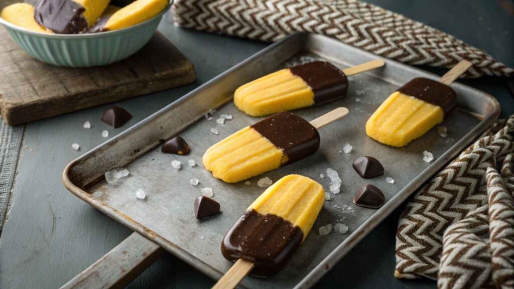 A Tray Of Elegant Madeline Cookies Recipe Popsicles, Each Featuring A Classic Golden Brown Madeleine Cake Partially Dipped In Glossy Dark Chocolate.
