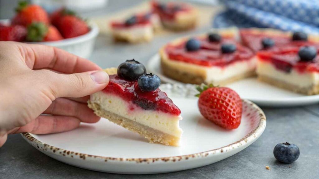 A Hand Holding A Beautifully Crafted Cheesecake Stuffed Strawberry Slice, Topped With A Fresh Blueberry.