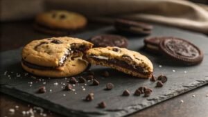 Perfectly Baked Oreo Inside Cookie Recipe Resting On A Dark Slate Plate.