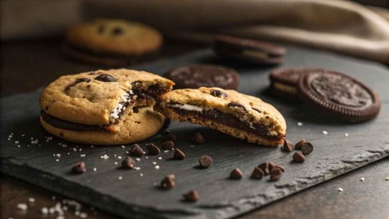 Perfectly Baked Oreo Inside Cookie Recipe Resting On A Dark Slate Plate.