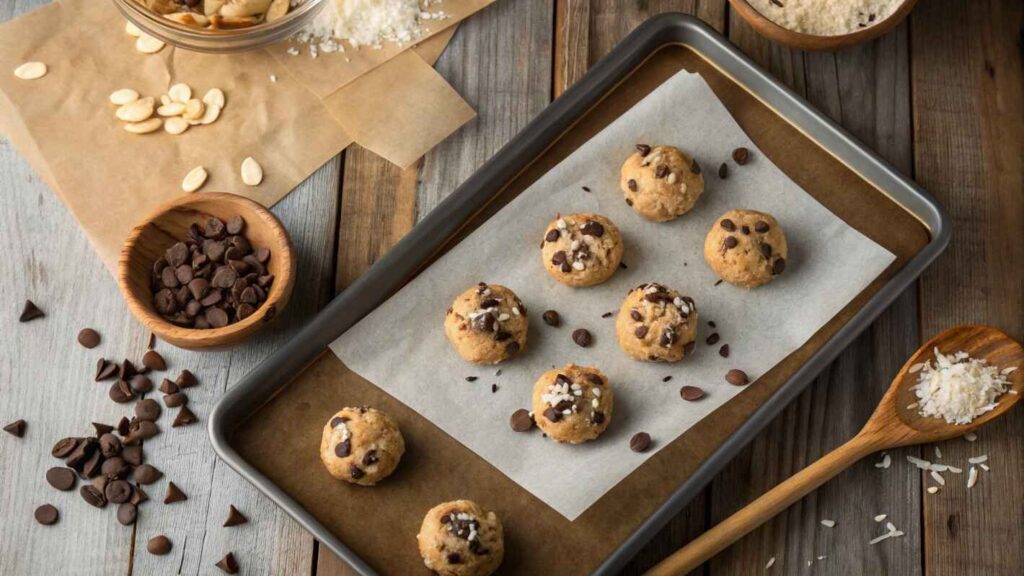 View Of A Baking Tray Lined With Raw Almond Joy Cookies Recipe Dough Balls