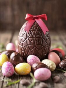 A Beautifully Arranged Display Of Luxurious Chocolate Easter Eggs On A Rustic Wooden Table.