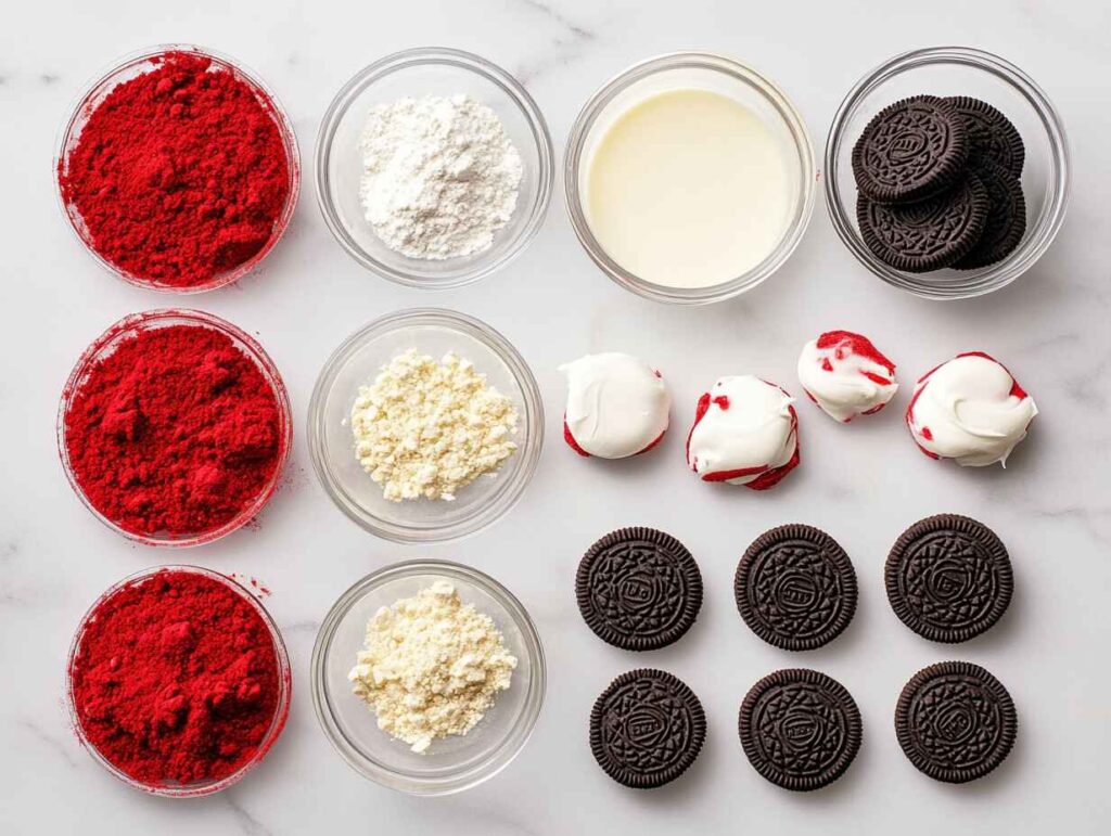 A Beautifully Arranged Flat Lay Of Red Velvet Oreo Cookies Truffle Ingredients Featuring Vibrant Red Velvet Cake Crumbs,
