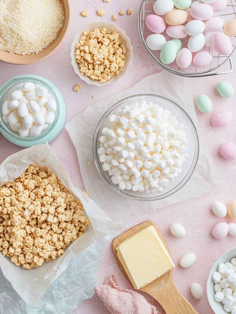 A Beautifully Arranged Flat Lay Of All The Ingredients Needed To Make Rice Krispie Easter Nests,