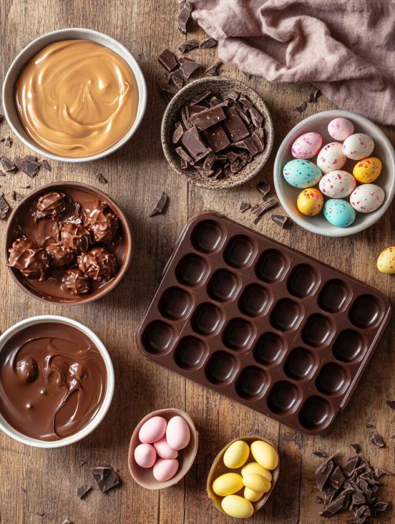 A Beautifully Arranged Flat Lay Of Ingredients For Making Homemade Chocolate Easter Eggs