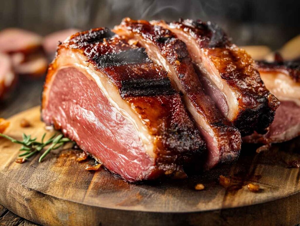 A Close Up Of Sliced Smoked Meats Roast With A Crispy Exterior And Juicy Interior, On A Wooden Board With Rosemary.