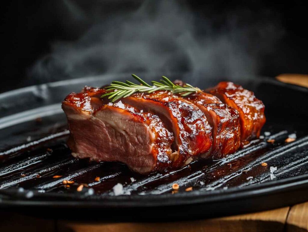 A Juicy, Sliced Smoked Meats Steak With Glaze And Rosemary On A Black Grill Plate.