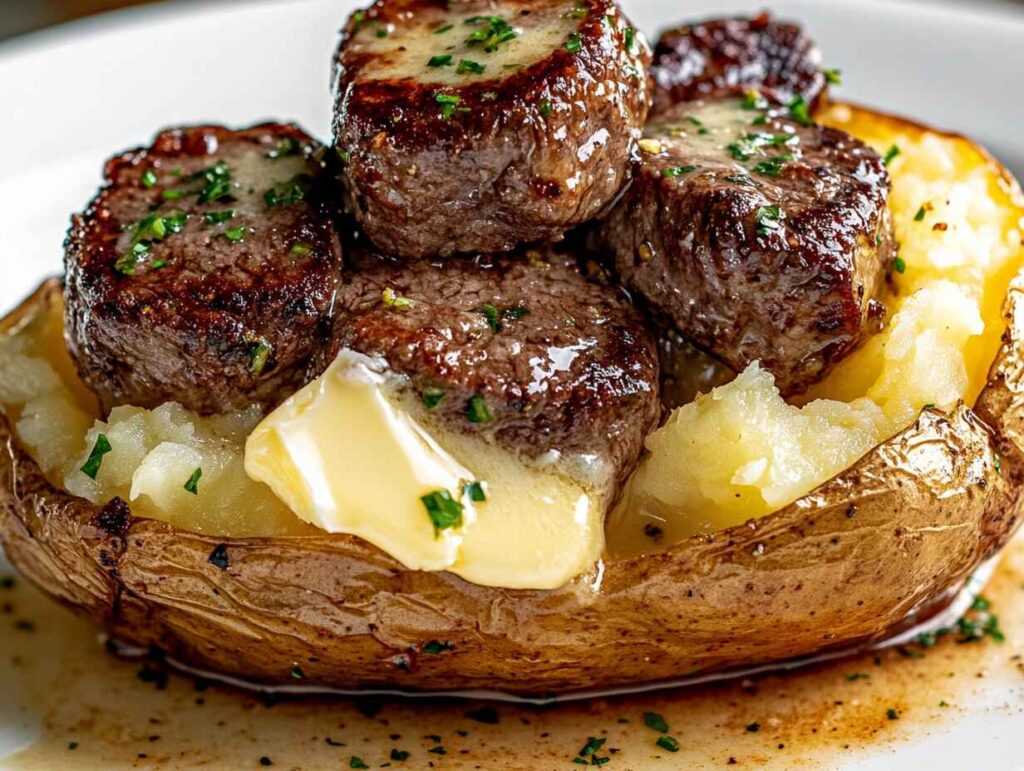 A Perfectly Steak Bites Loaded Baked Potatoes With A Crispy Golden Skin, Split Open To Reveal A Fluffy Interior.