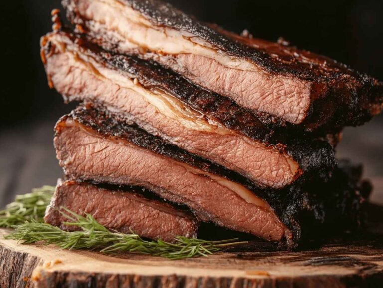 A Small Stack Of Grilled Smoked Meats On A Wooden Surface, With A Dark Background.