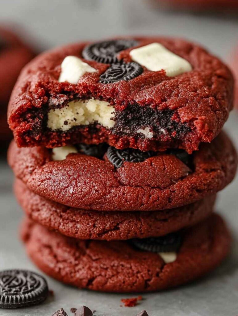 A Stack Of Rich Red Red Velvet Oreo Cookies Infused With Mini Chocolate Sandwich Cookies