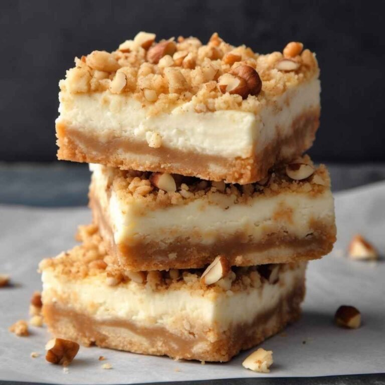 A Stack Of Three Creamy Cheesecake Bars With A Golden Brown Crumbly Streusel Topping.