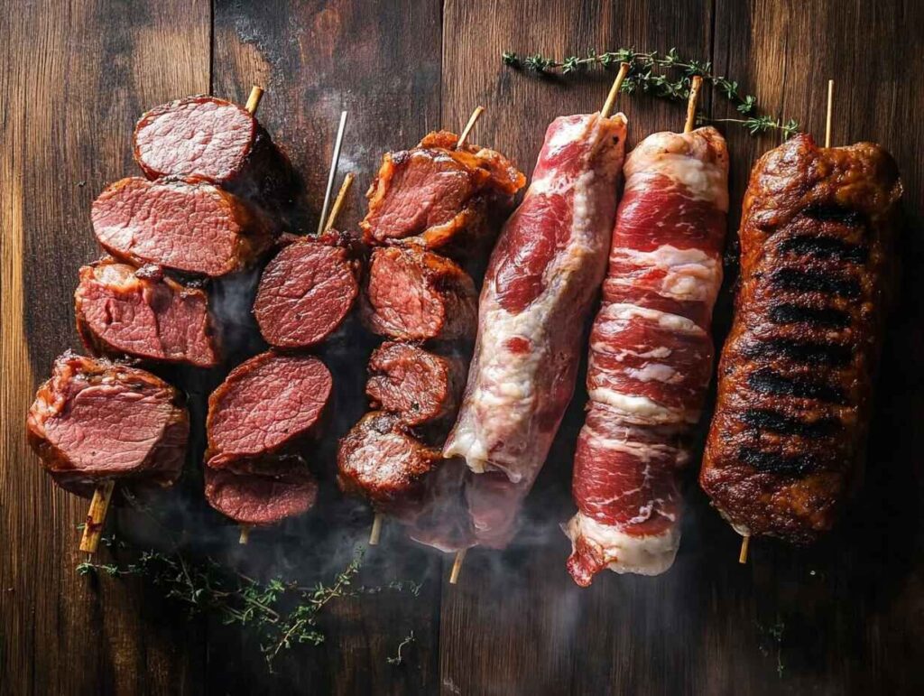 A Variety Of Skewered Smoked Meats, Including Sliced Steaks, Wrapped Cuts, And Grilled Pieces, Arranged On A Dark Wooden