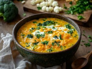 A Creamy, High Protein Broccoli Cheddar Soup Served In A Rustic, Deep Ceramic Bowl.