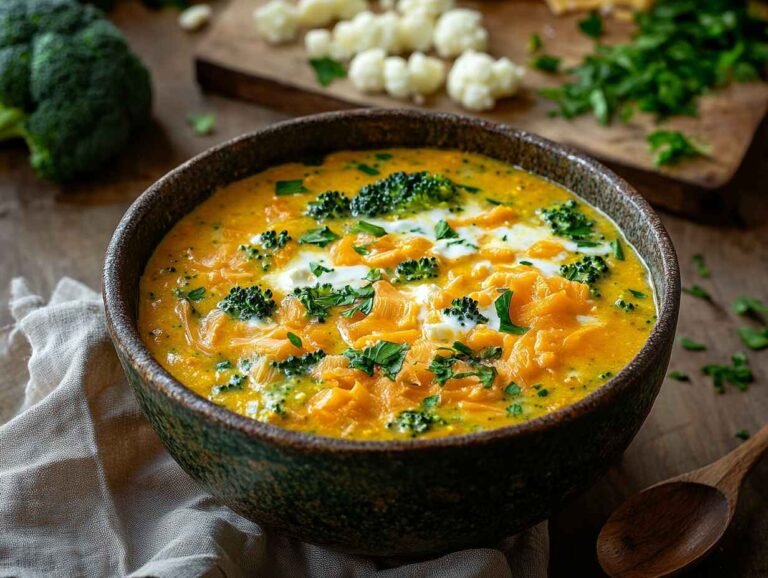 A Creamy, High Protein Broccoli Cheddar Soup Served In A Rustic, Deep Ceramic Bowl.