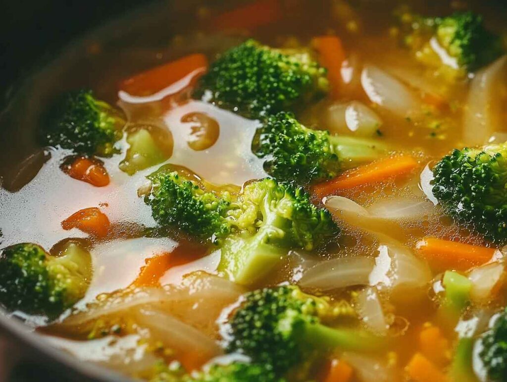 A Simmering Pot Of Homemade High Protein Broccoli Cheddar