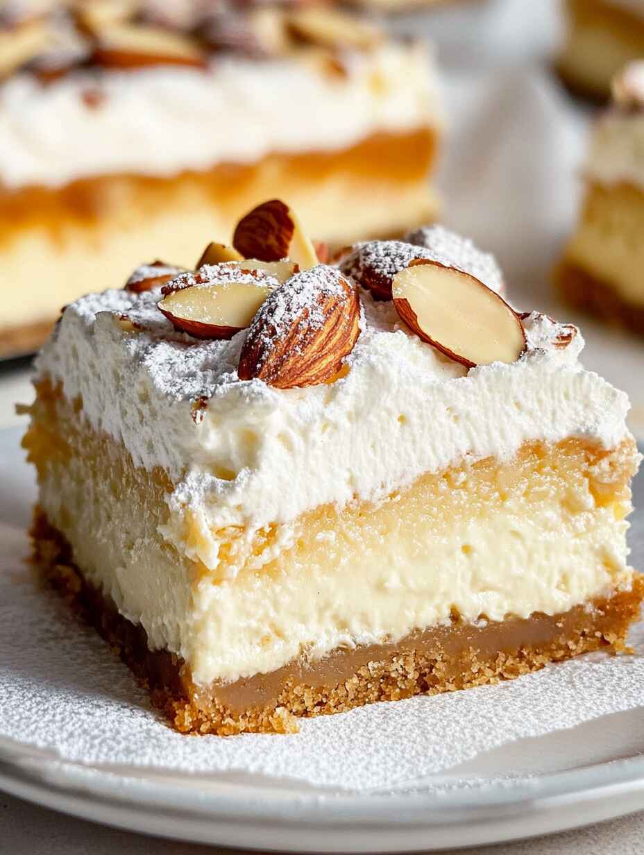 An Almond Croissant Cheesecake Bar With A Golden Graham Cracker Crust. The Creamy Cheesecake Layer Is Infused With Almond Flavors