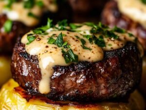 Crispy, Seared Steak Bites With A Rich, Creamy Sauce Drizzled Over Them, Served On A Perfectly Baked Potato With A Golden, Crispy Skin.