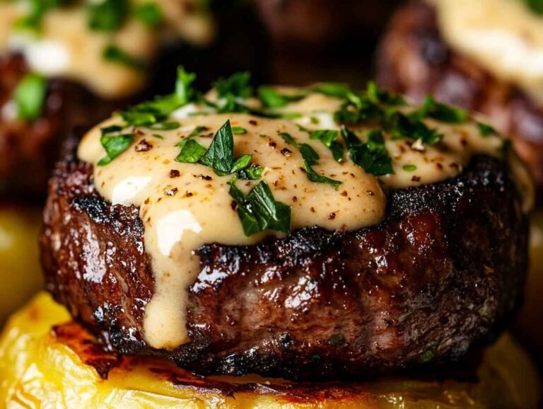Crispy, Seared Steak Bites With A Rich, Creamy Sauce Drizzled Over Them, Served On A Perfectly Baked Potato With A Golden, Crispy Skin.