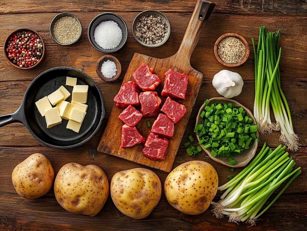 Fresh Ingredients Arranged On A Rustic Wooden Surface, Ready To Create The Ultimate Steak Bites Loaded Baked Potatoes.