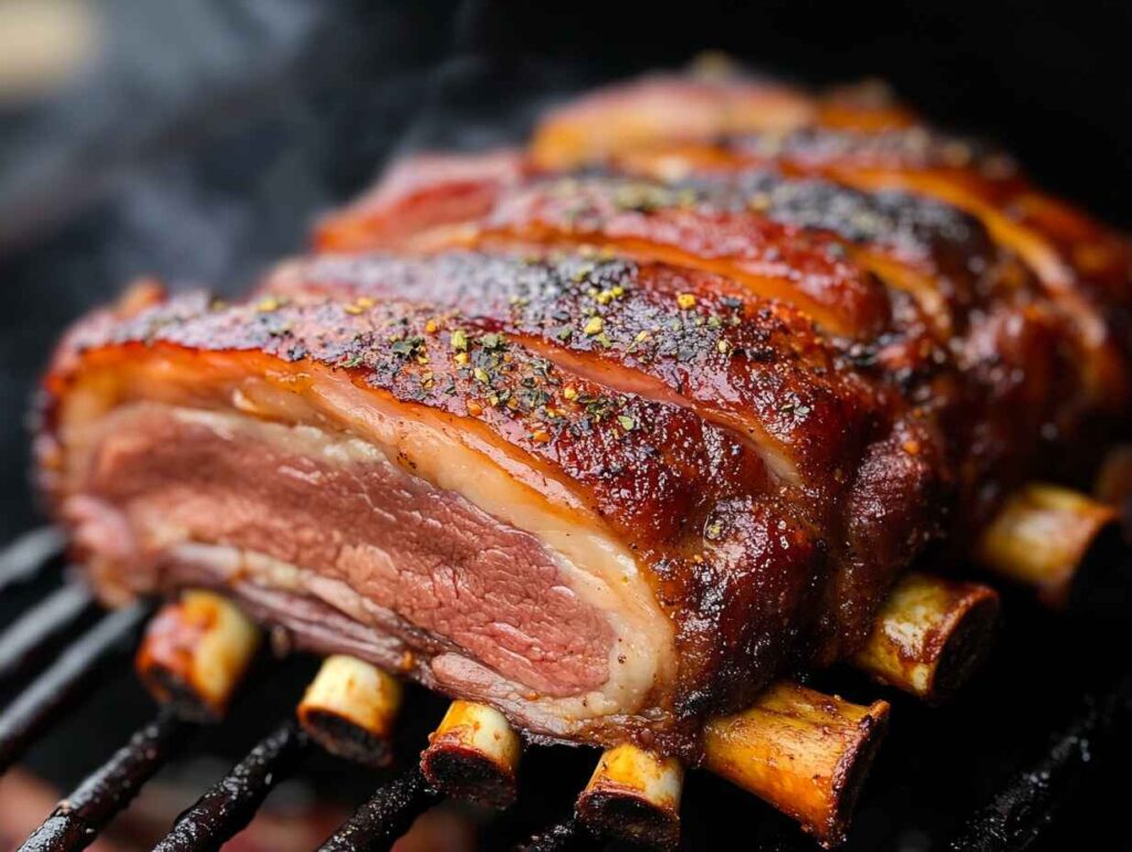 Seasoned Smoked Meats Cooking On A Grill, With Visible Smoke And A Crispy, Flavorful Exterior.
