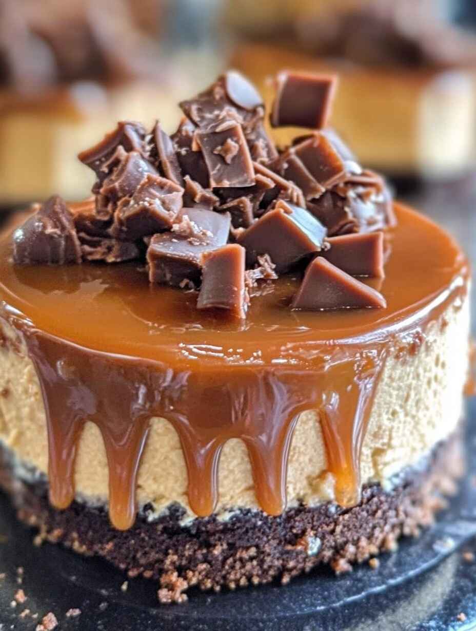 Mini Caramel Cheesecake Topped With Rich Caramel Drizzle And Chunks Of Milk Chocolate, On A Chocolate Cookie Crust.