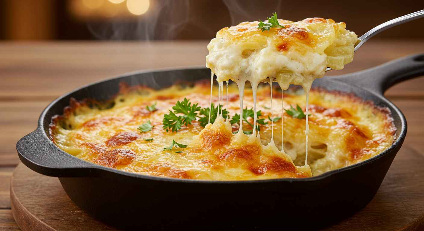 Cheesy Scalloped Potatoes With A Spoon Lifting A Creamy Serving.