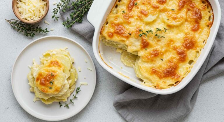 Cheesy scalloped potatoes in a white dish with golden topping and a plated serving.