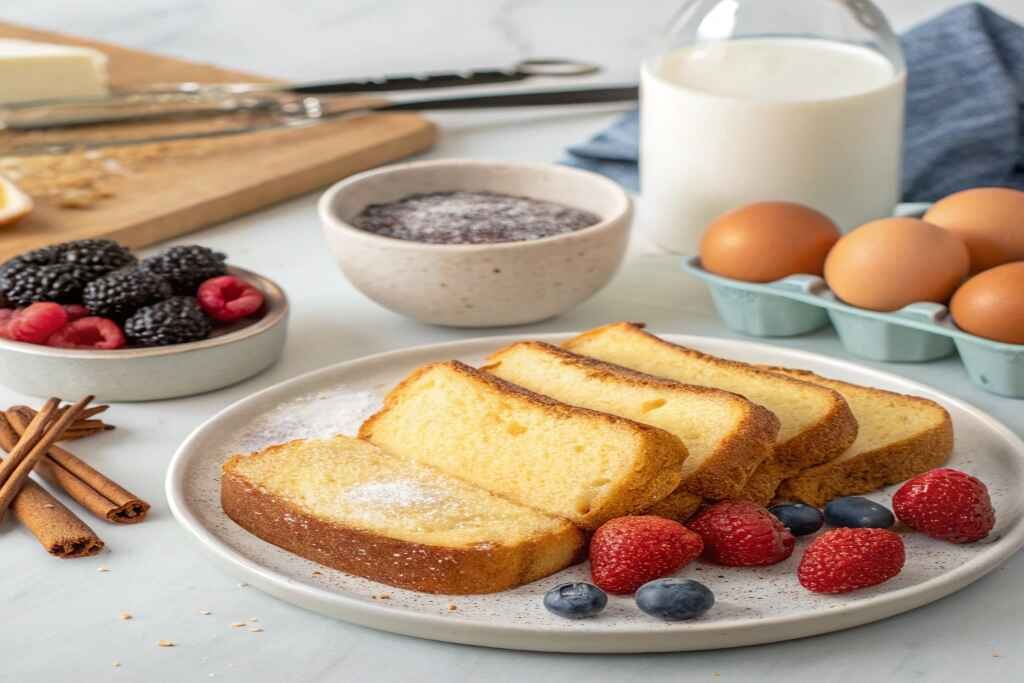 Ingredients for golden French toast recipe with brioche and berries.