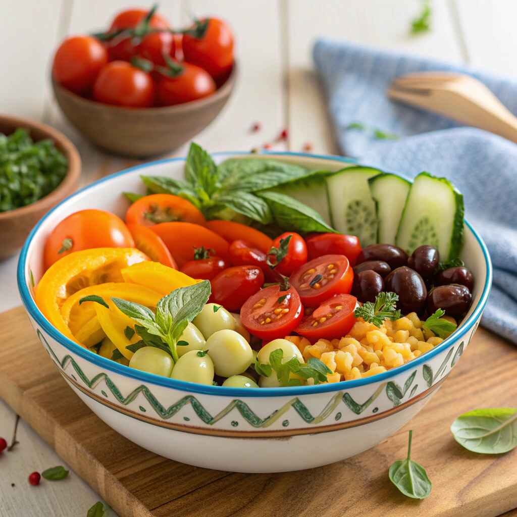 Assembling a colorful Mediterranean Morning Bowl with fresh vegetables.