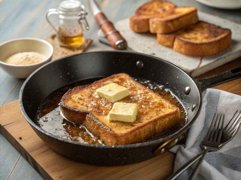 Cooking golden French toast recipe in buttered skillet.