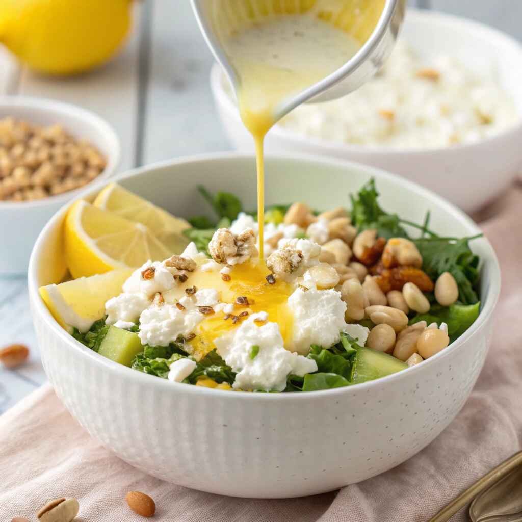Drizzling lemon dressing over Greek yogurt breakfast bowl with feta and pine nuts for Mediterranean morning bowl.