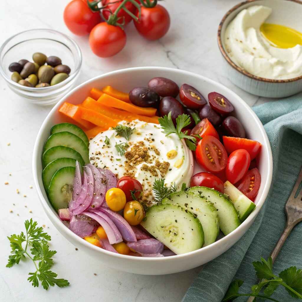 Fresh ingredients for Mediterranean Morning bowl including Greek yogurt, vegetables, and olives.