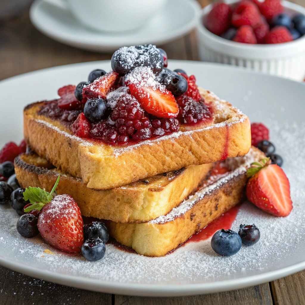 Completed golden French toast recipe with toppings.