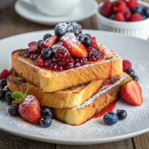 Golden French toast recipe with berry compote and powdered suga