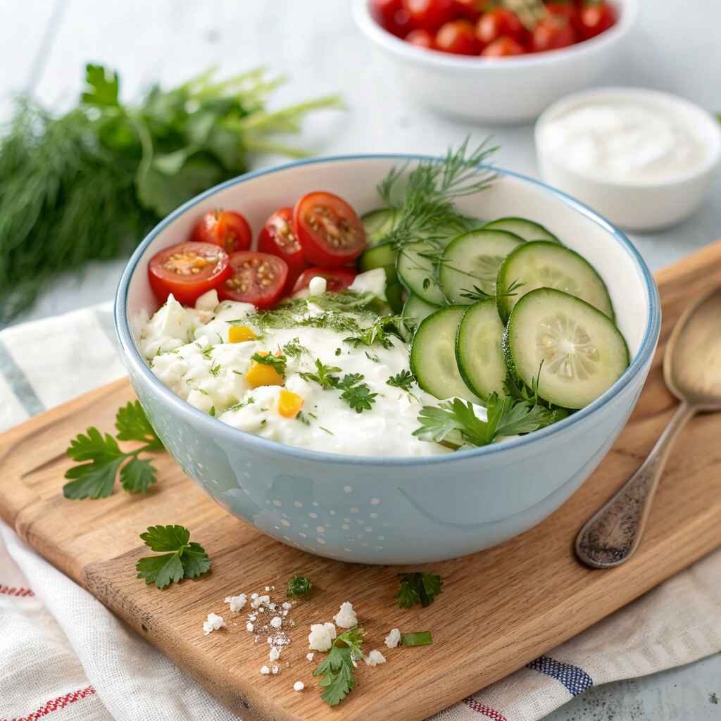 Mediterranean Morning Bowl with Greek yogurt, cucumbers, tomatoes, feta cheese, and fresh herbs.