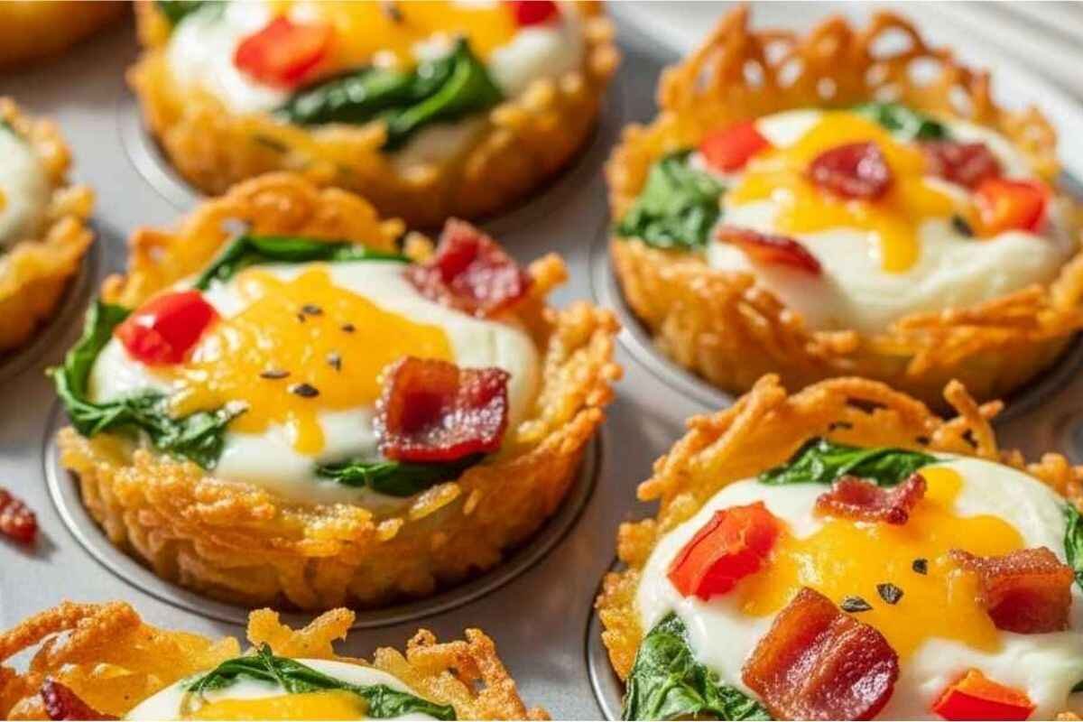 Crispy hash brown egg cups filled with baked eggs, cheddar cheese, bacon, red bell pepper, and spinach on a white plate.