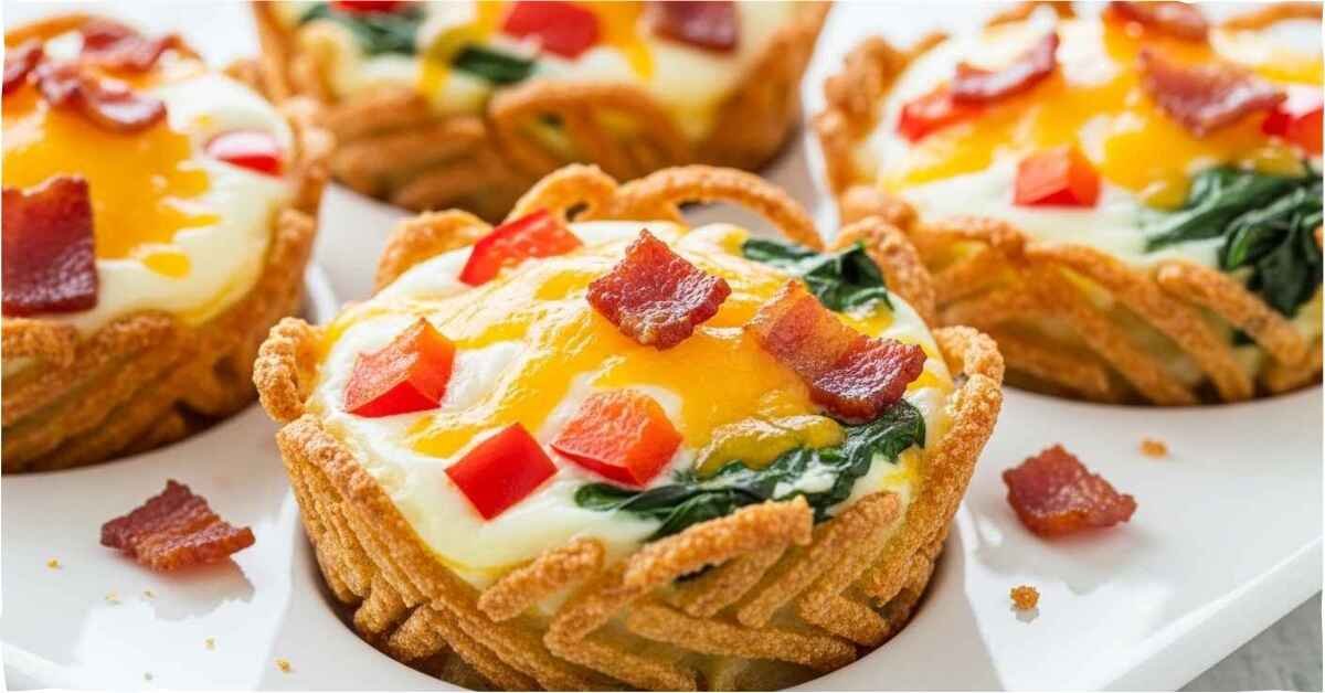 Golden hash brown egg cups filled with baked eggs, cheddar cheese, bacon, peppers, and spinach on a white plate.