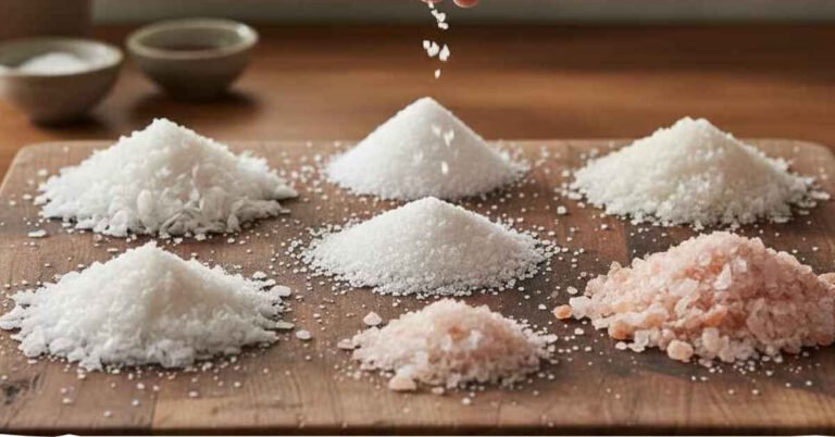 A high-angle photograph showing seven different salt types for cooking, clearly distinguishing crystal sizes, including flaky, pink, and coarse varieties, spread on a dark surface.
