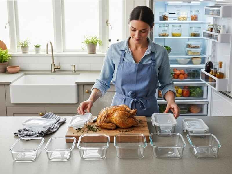 A female chef in a bright Scandinavian-style kitchen preparing clean airtight glass containers for properly storing leftover Crispy Roast Chicken. She arranges empty containers and checks their seals while the golden, crispy roast chicken cools on a wooden butcher block. Soft daylight highlights the crisp skin, scattered herbs, the prepared containers, and an open refrigerator neatly organized with labeled food items in the background.