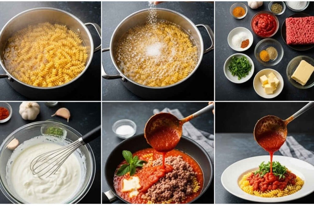 Photo collage showing the full process of making Anna Pauls Turkish Pasta, including boiling pasta, browning meat, whisking yogurt sauce, making chili butter, and final plating.