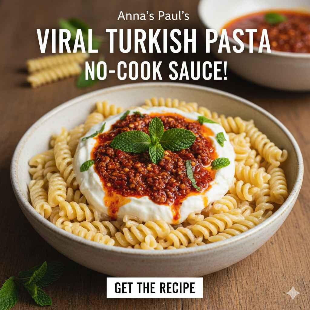 Plated Anna Pauls Turkish Pasta dish with yogurt, beef, and chili oil garnish.