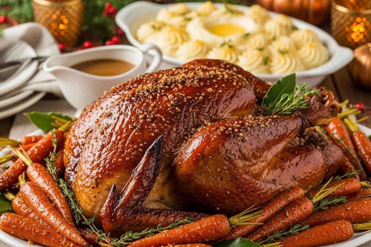 Brown Sugar Glazed Turkey resting on a platter surrounded by caramelized, spiced candied carrots, with sides of mashed potatoes and gravy visible in the background.A perfectly roasted holiday turkey with a glossy, brown sugar glaze and crispy skin, served with a garnish of fresh thyme and bay leaves, ideal for Thanksgiving or Christmas.