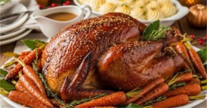 Brown Sugar Glazed Turkey resting on a platter surrounded by caramelized, spiced candied carrots, with sides of mashed potatoes and gravy visible in the background.