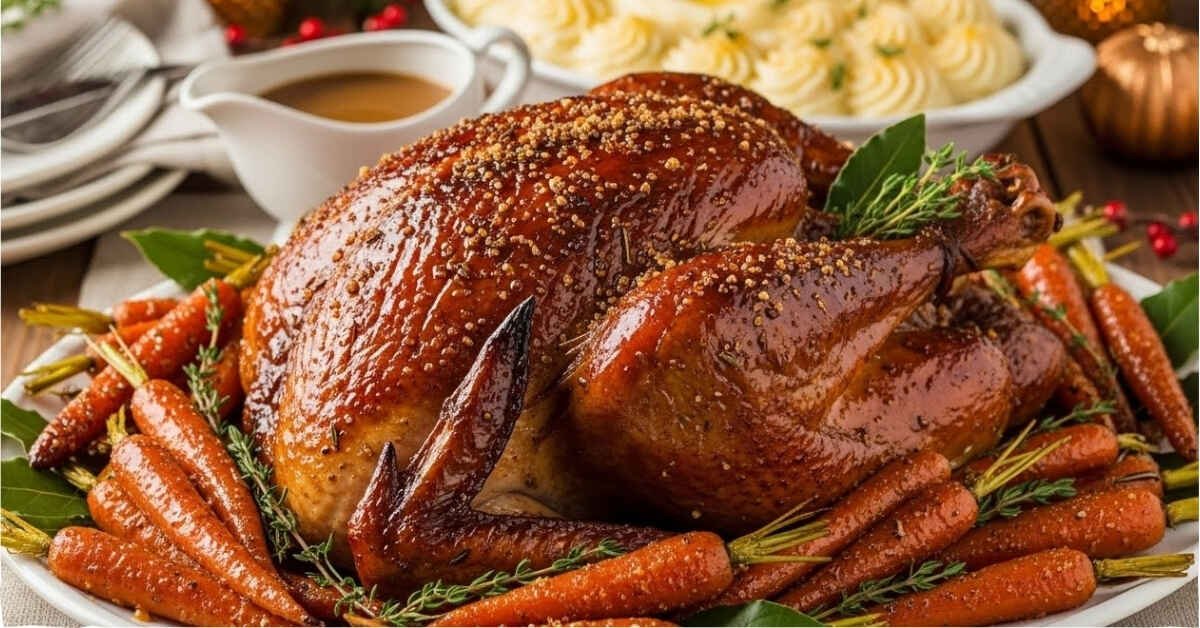 Brown Sugar Glazed Turkey resting on a platter surrounded by caramelized, spiced candied carrots, with sides of mashed potatoes and gravy visible in the background.