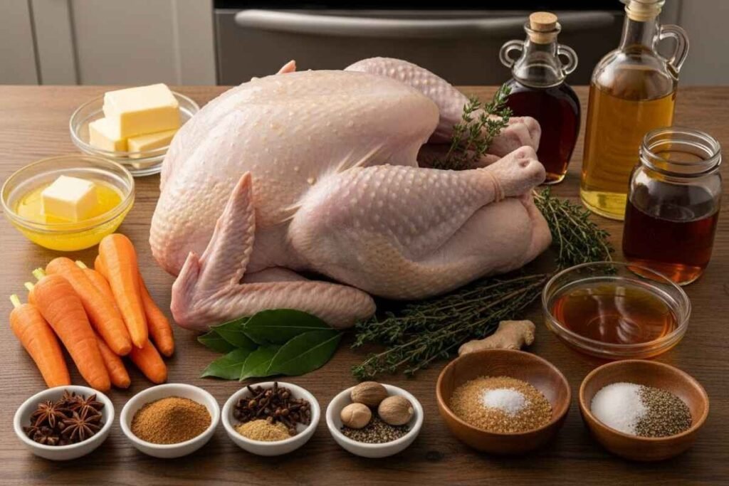 Ingredients for a brown sugar glazed turkey displayed on a rustic kitchen surface, featuring a whole raw turkey surrounded by butter, fresh thyme, bay leaves, chopped carrots, assorted spices, sea salt, muscovado sugar, maple syrup, and cider vinegar arranged neatly for a festive cooking preparation.
