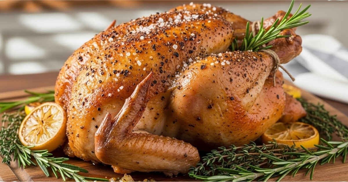 Golden-brown crispy roast chicken recipe seasoned with coarse salt and black pepper, garnished with rosemary and lemon slices on a wooden board