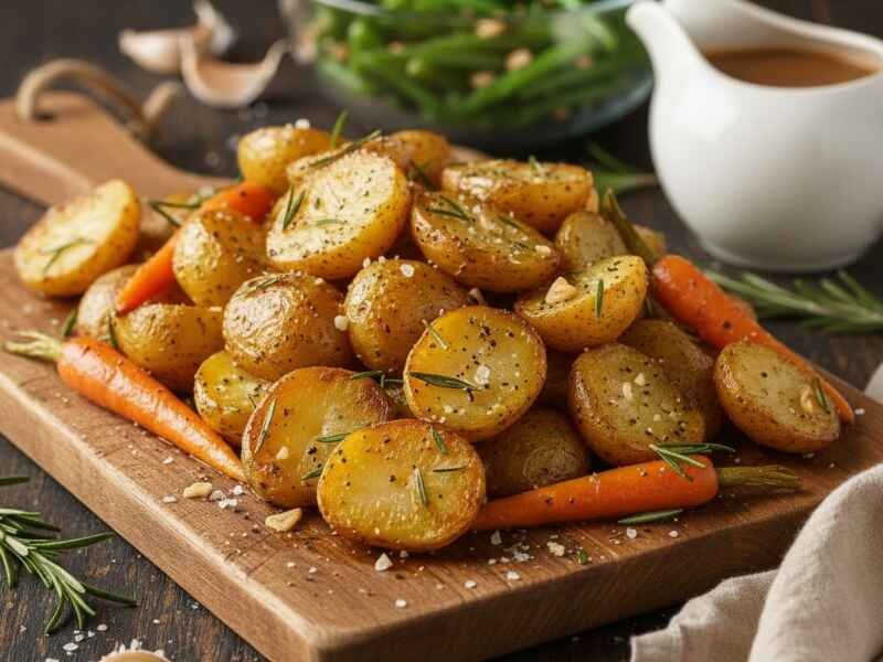 Close-up of a golden Crispy Roast Chicken served on a wooden board with roasted garlic and herb potatoes and carrots, next to a gravy boat.
