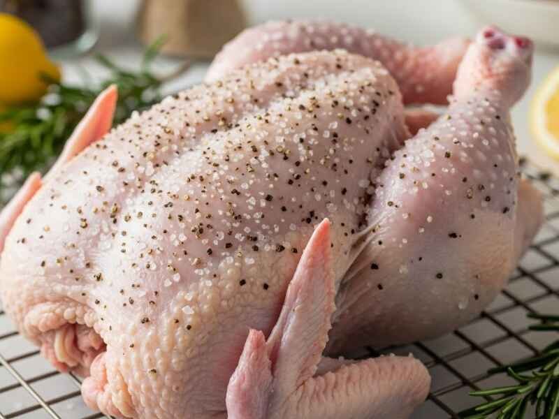 Raw whole chicken prepared for dry brining with coarse sea salt and cracked pepper, legs untied with no string, resting on a wire rack as moisture draws out of the skin.