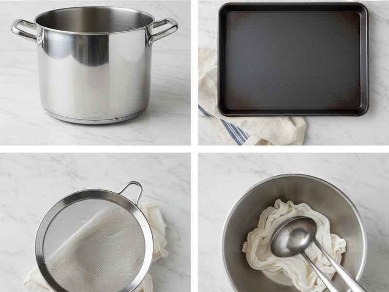 Landscape view of essential tools for making rich chicken noodle soup, including a stockpot, sheet pan, fine-mesh sieve with cheesecloth, and a mixing bowl.