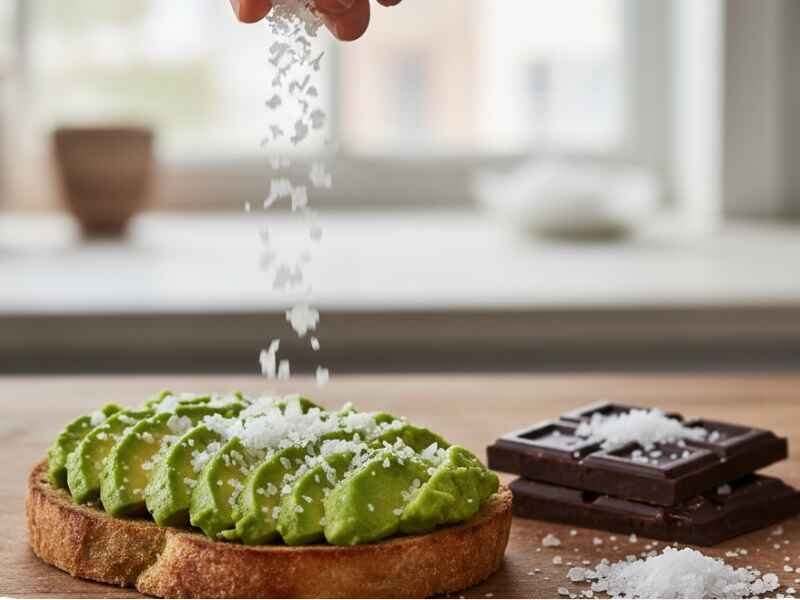A close-up view of delicate, pyramid-shaped flaky salt types for cooking sprinkled directly onto a fresh slice of avocado toast, showing the textural crunch.